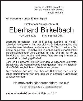 Traueranzeige von Eberhard Birkelbach von Siegener Zeitung