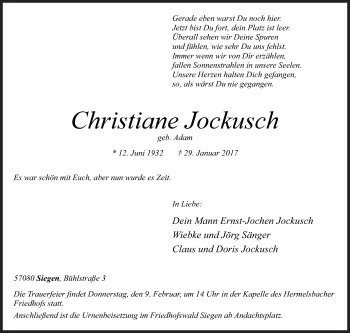 Traueranzeige von Christiane Jockusch von Siegener Zeitung