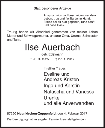 Traueranzeige von Ilse Auerbach von Siegener Zeitung