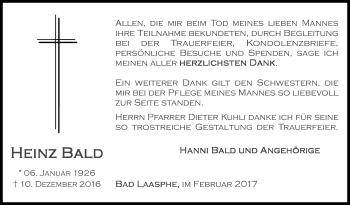 Traueranzeige von Heinz Bald von Siegener Zeitung