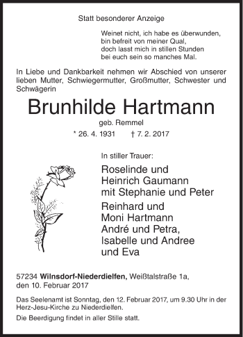 Traueranzeige von Brunhilde Hartmann von Siegener Zeitung