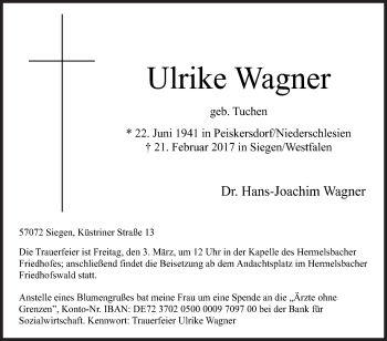 Traueranzeige von Ulrike Wagner von Siegener Zeitung