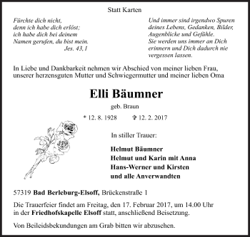 Traueranzeige von Elli Bäumner von Siegener Zeitung