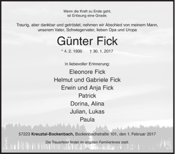 Traueranzeige von Günter Fick von Siegener Zeitung