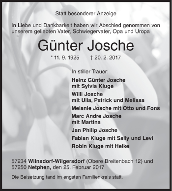 Traueranzeige von Günter Josche von Siegener Zeitung