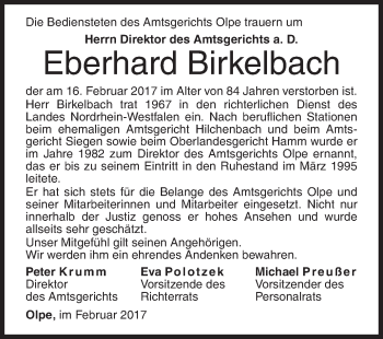 Traueranzeige von Eberhard Birkelbach von Siegener Zeitung