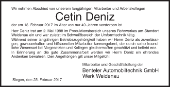 Traueranzeige von Cetin Deniz von Siegener Zeitung