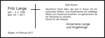 Traueranzeige von Fritz Lange von Siegener Zeitung