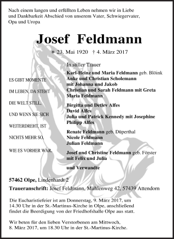 Traueranzeige von Josef Feldmann von Siegener Zeitung