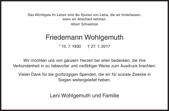 Traueranzeige von Friedemann Wohlgemuth von Siegener Zeitung