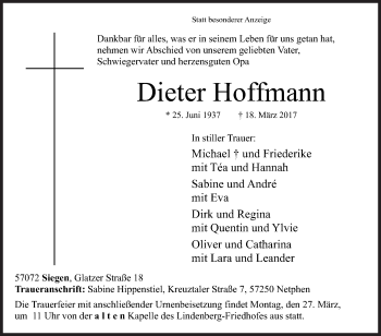 Traueranzeige von Dieter Hoffmann von Siegener Zeitung