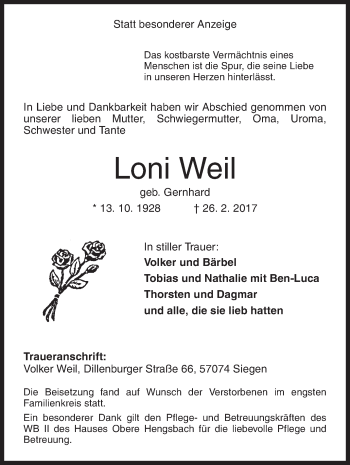 Traueranzeige von Loni Weil von Siegener Zeitung