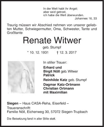 Traueranzeige von Renate Witwer von Siegener Zeitung