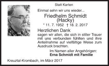 Traueranzeige von Friedhelm Schmidt von Siegener Zeitung