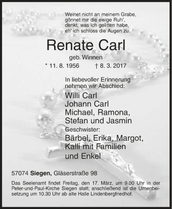 Traueranzeige von Renate Carl von Siegener Zeitung