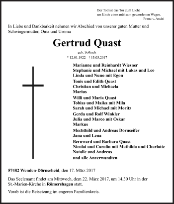 Traueranzeige von Gertrud Quast von Siegener Zeitung