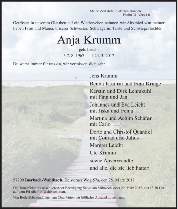Traueranzeige von Anja Krumm von Siegener Zeitung