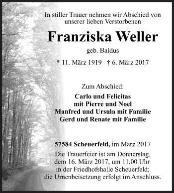 Traueranzeige von Franziska Weller von Siegener Zeitung