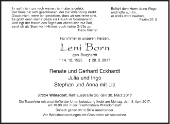 Traueranzeige von Leni Born von Siegener Zeitung