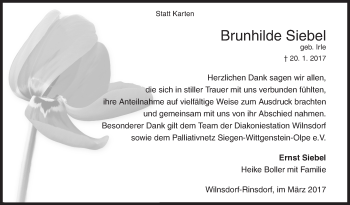 Traueranzeige von Brunhilde Siebel von Siegener Zeitung