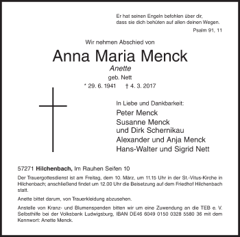 Traueranzeige von Anna Maria Menck von Siegener Zeitung