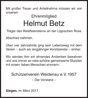 Traueranzeige von Helmut Betz von Siegener Zeitung