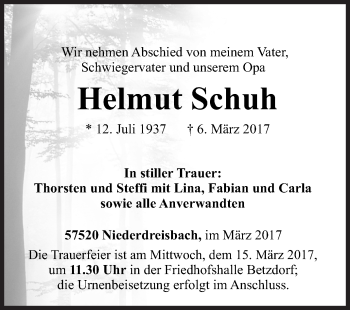 Traueranzeige von Helmut Schuh von Siegener Zeitung