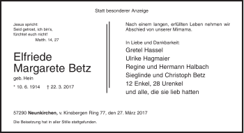 Traueranzeige von Elfriede Margarete  Betz von Siegener Zeitung