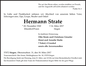 Traueranzeige von Hermann Strate von Siegener Zeitung