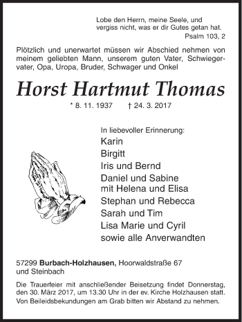 Traueranzeige von Horst Hartmut Thomas von Siegener Zeitung