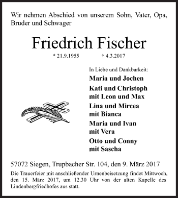 Traueranzeige von Friedrich Fischer von Siegener Zeitung
