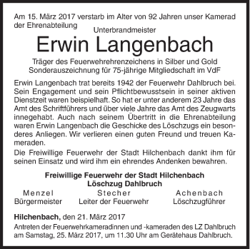 Traueranzeige von Erwin Langenbach von Siegener Zeitung