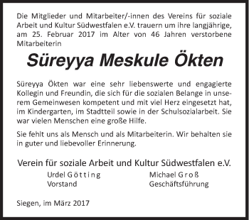 Traueranzeige von Süreyya Meskule Ökten von Siegener Zeitung