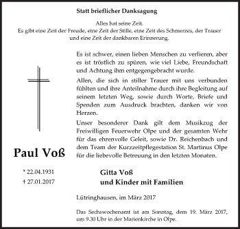 Traueranzeige von Paul Voß von Siegener Zeitung