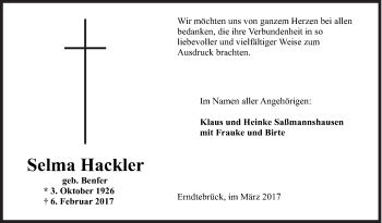Traueranzeige von Selma Hackler von Siegener Zeitung