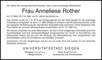 Traueranzeige von Anneliese Rother von Siegener Zeitung