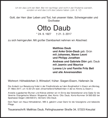 Traueranzeige von Otto Daub von Siegener Zeitung