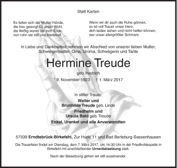 Traueranzeige von Hermine Treude von Siegener Zeitung