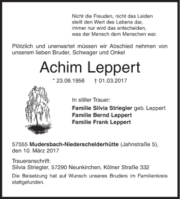 Traueranzeige von Achim Leppert von Siegener Zeitung