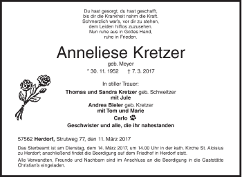 Traueranzeige von Anneliese Kretzer von Siegener Zeitung