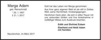 Traueranzeige von Marga Adam von Siegener Zeitung