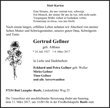 Traueranzeige von Gertrud Geßner von Siegener Zeitung