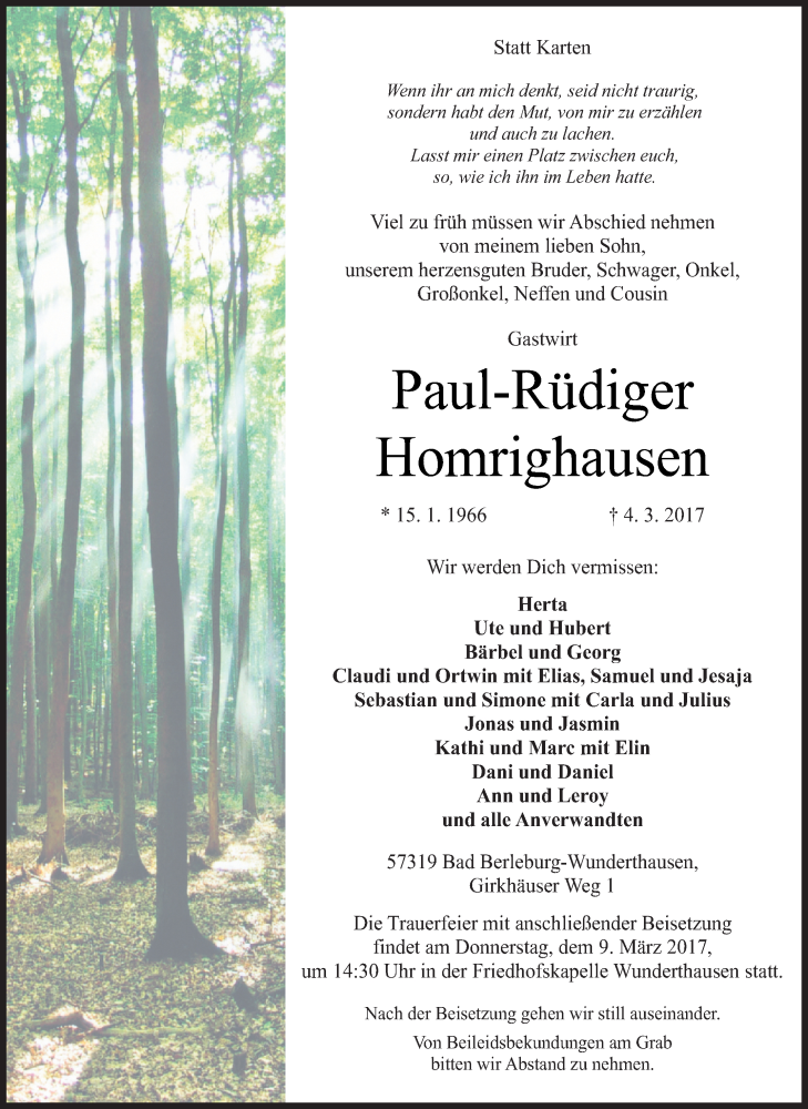  Traueranzeige für Paul-Rüdiger Homrighausen vom 07.03.2017 aus Siegener Zeitung