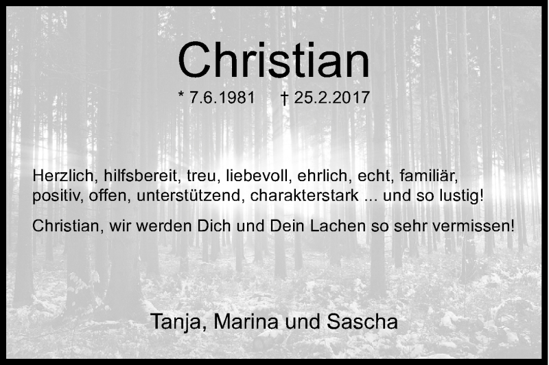  Traueranzeige für Christian Jakob vom 04.03.2017 aus Siegener Zeitung