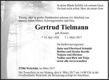 Traueranzeige von Gertrud Tielmann von Siegener Zeitung