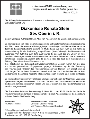 Traueranzeige von Renate Stein von Siegener Zeitung