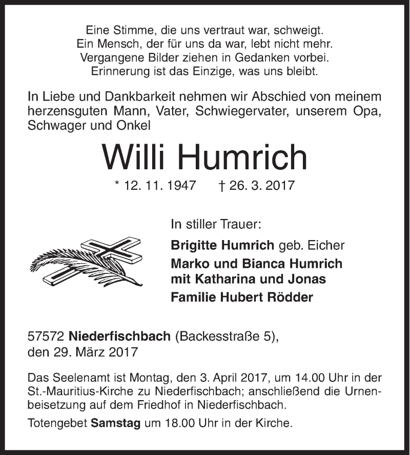  Traueranzeige für Willi Humrich vom 29.03.2017 aus Siegener Zeitung