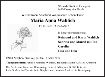 Traueranzeige von Maria Anna Wahlich von Siegener Zeitung