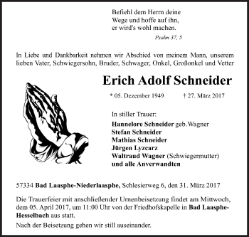 Traueranzeige von Erich Adolf Schneider von Siegener Zeitung