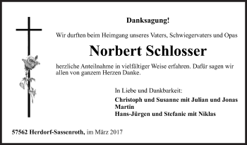 Traueranzeige von Norbert Schlosser von Siegener Zeitung